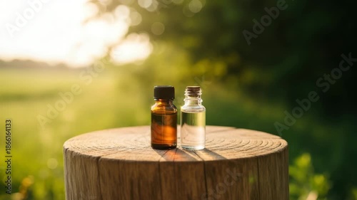 Natural Aromatherapy: Two Small Essential Oil Bottles on a Wooden Stump in a Green Sunny Field.