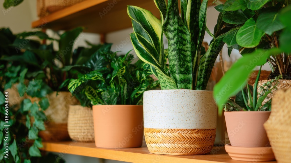 Fototapeta premium Indoor plants arranged on shelves in a home living area with natural light