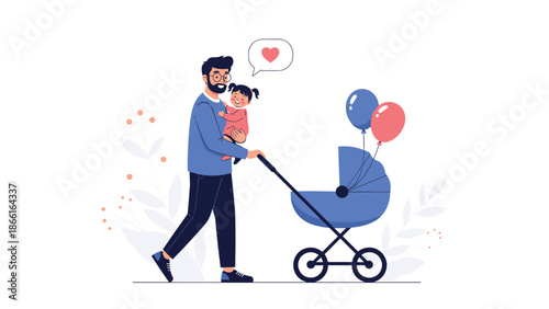 Happy father walking outside while holding his baby daughter and pushing a blue stroller decorated with colorful floating balloons.