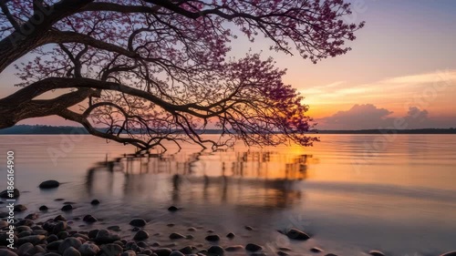 Riverside Blossom: Pink Cherry Blossom Tree Hanging Over a Rocky Riverbank at Sunset or Sunrise.