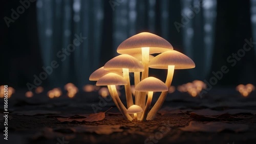 Bioluminescent Fungi: Glowing Mushrooms Illuminating a Dark Forest Floor with Mysterious Light.