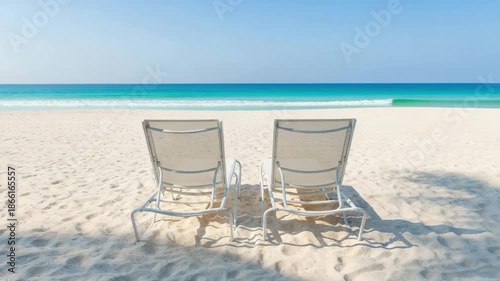 Beachside Tranquility: Two Empty White Lounge Chairs on White Sand Facing the Blue Ocean Horizon.