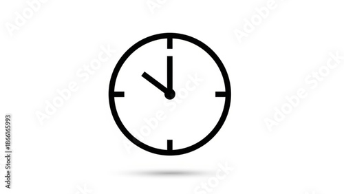 A minimalist black clock icon with a subtle shadow on a white background, symbolizing time, schedule, and punctuality in a simple modern design