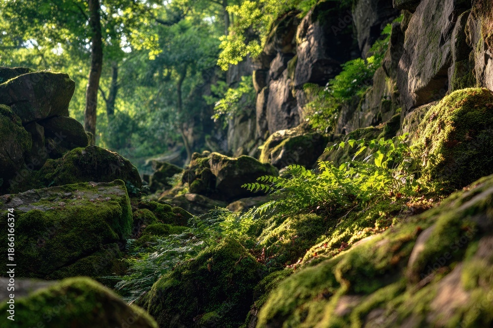 Fototapeta premium A sunlit path through a mossy rock garden, lush greenery embracing the natural landscape