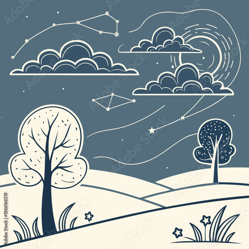 Stylized landscape illustration with abstract cloud formations, modern vector art depicting a scenic view with unique atmospheric textures.