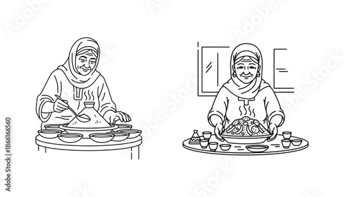 Two women preparing traditional meals in a kitchen setting with various dishes