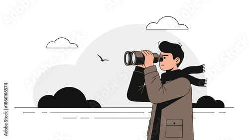 Man Looking Through Binoculars At Sea And Cloudy Sky Minimalist Illustration