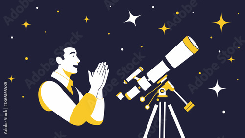 Man Looking Through Telescope At Stars And Observing The Night Sky
