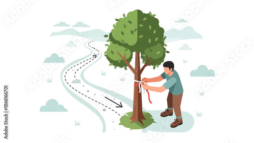 Man Marking Tree Trunk along Hiking Trail for Conservation Purposes Illustration