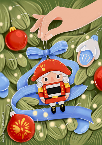 Hand Hanging a Nutcracker Ornament on a Festive Christmas Tree