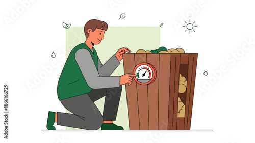 Man Monitors Temperature Of Compost Bin For Sustainable Gardening Practices