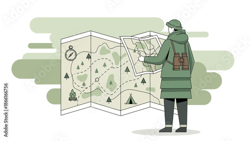 Man Navigating Wilderness Using Topographic Map And Binoculars Planning Adventure