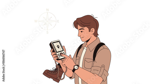Man Navigating With Gps Device During Outdoor Adventure Trip Preparation