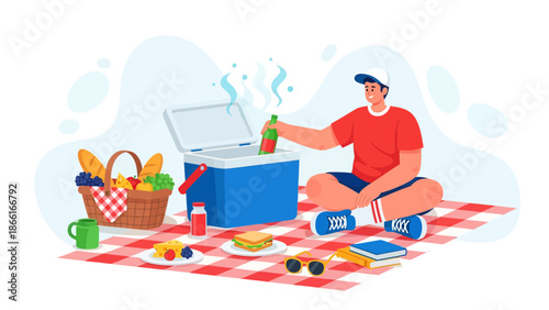 Man Enjoying A Summer Picnic Outdoors With Tasty Food And Cold Drinks