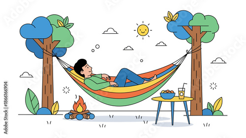 Man Enjoying Nature Relaxing In Hammock With Campfire And Picnic Table