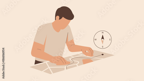 Man Planning a Route with a Map and Compass For a Future Journey
