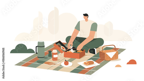 Man Enjoying Relaxing Picnic Outdoors On A Blanket With Fresh Provisions