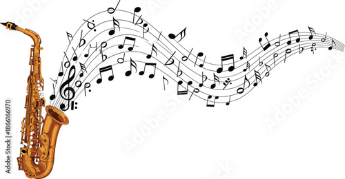 Saxophone with flowing musical notes vector illustration jazz music instrument melody concept isolated on white background