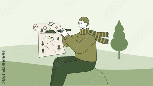 Man Planning Adventure On A Map With Scarf Outside Exploring Vacation Strategy