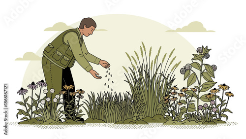 Man Planting Seeds In Garden With Wildflowers And Grasses Hand Drawn Style