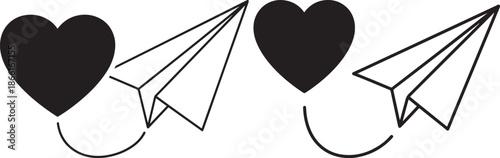 Paper airplane heart send silhouette of love message