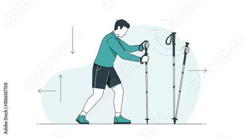 Man Practicing Nordic Walking Technique Outdoors With Arrows Guiding The Movement