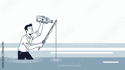 Man Fishing Message In Bottle With Rod Concept Of Solution Or Unexpected Communication