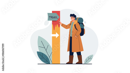 Man Following Trail Direction on Hiking Adventure in Nature Destination