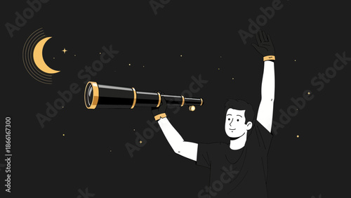 Man Gazing At The Stars Through A Telescope Under A Crescent Moon