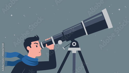 Man Gazing Through Telescope Observing Distant Stars In A Dark Night Sky