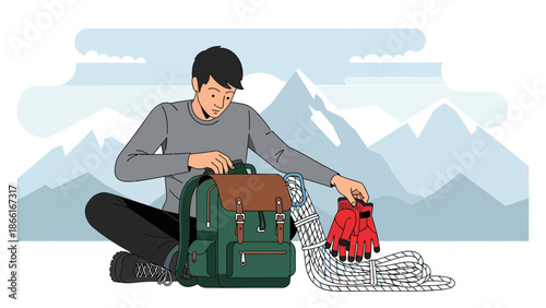 Man Preparing Backpack Before Mountain Adventure Gear Checklist Preparation