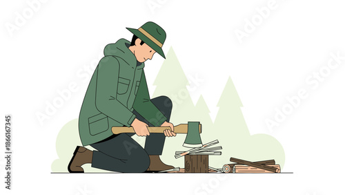 Man Preparing Firewood In The Forest For Winter Season Illustrated Style