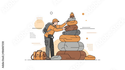 Man Hiker Builds Tower From River Stones Nature Adventure Exploration Concept