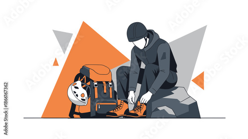 Man Preparing For Outdoor Adventure Lacing Boots Before Hiking Expedition