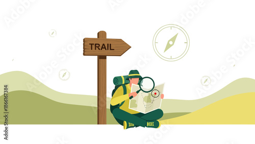 Man Hiker Navigation With Magnifying Glass In Nature Landscape Illustration