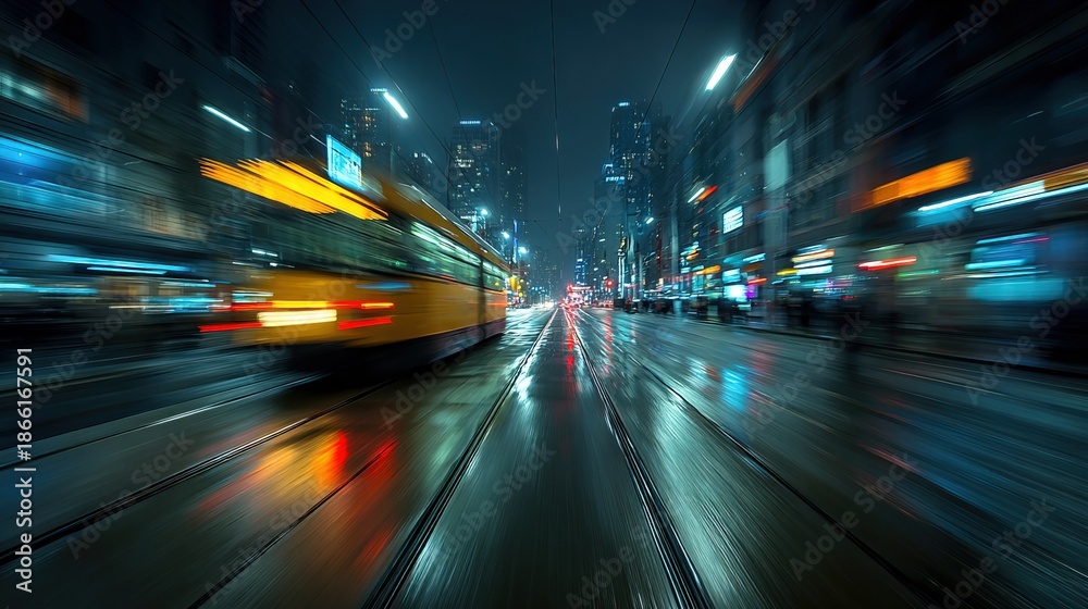 Fototapeta premium Artistic Blurred Motion Tram Vehicle Passing Through City at Night