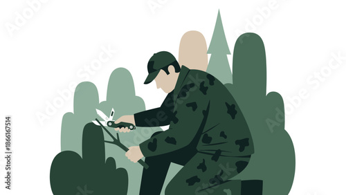 Man Pruning Branches In Forest With Folding Knife Adventure Outdoors