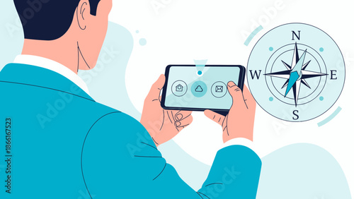Man Holding Smartphone Using Navigation App With Compass Modern Technology Future