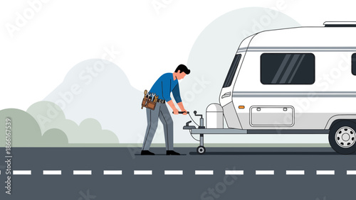 Man Hooking Up A Caravan For Travel And Adventure Preparation Journey