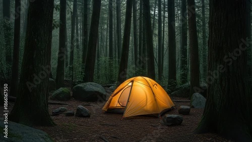 Deep Woods Camping: Illuminated Orange Tent in a Dense, Dark Forest Surrounded by Large Trees.