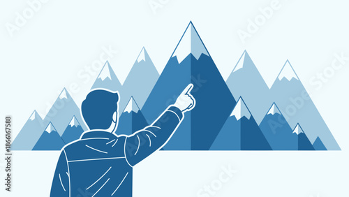 Man Reaching Towards Mountain Peaks Depicts Ambition and Future Goals Achievement