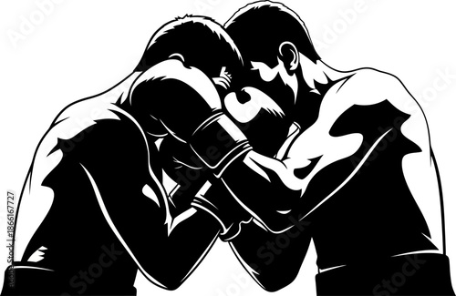 Intense Boxing Match Two Fighters Clinched in Close Combat Ready for the Knockout