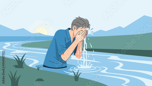 Man Refreshing Himself By Washing Face In River With Mountain Backdrop