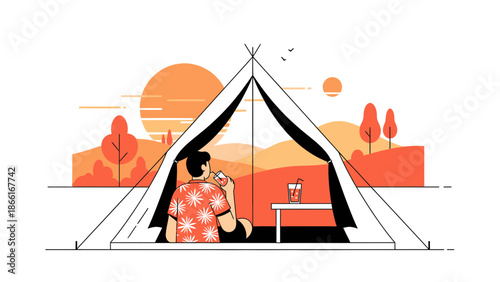 Man Relaxes With Drink In Tent Enjoying Sunset Scenic Outdoors