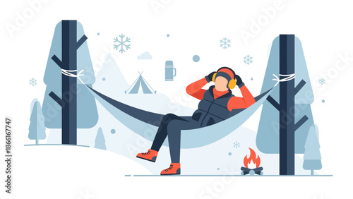Man Relaxes In Hammock Winter Landscape With Tent Around Campfire Flat Illustration