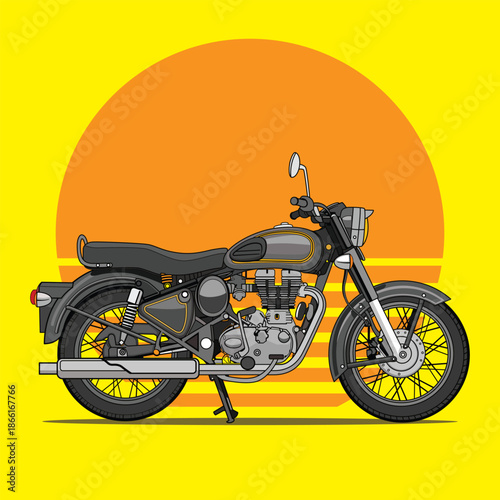 Vintage Royal Enfield 350 motorcycle Classic bike illustration with retro sunset background and reflection. 
