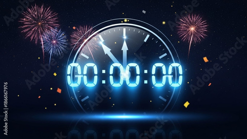 Midnight celebration with clock striking zero hour, fireworks exploding in night sky, festive confetti and sparks flying around, new year's eve countdown