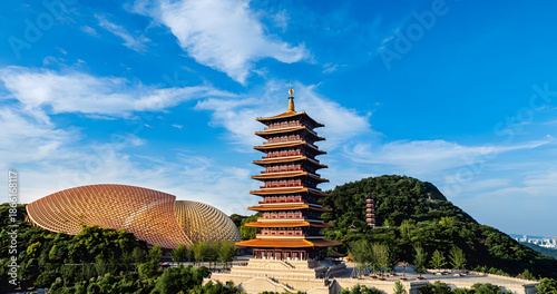Εκτύπωση καμβά Nanjing Buddhist Temple with Pagoda and Modern Architecture in Mountain Landscap