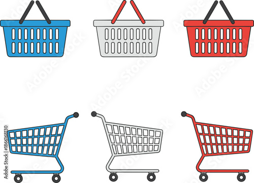Shopping basket and cart vector set with retail supermarket purchase icons in different colors isolated on white