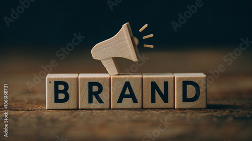 Wooden blocks spell 'brand' with a wooden megaphone, showing the importance of business marketing. The set up is on a wooden surface.